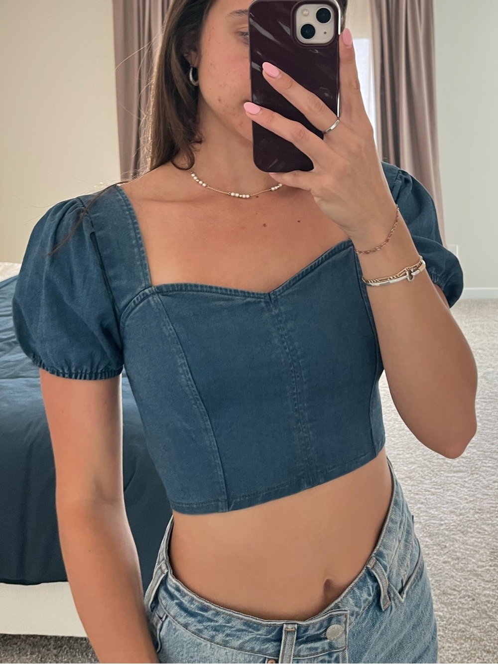 American Eagle Outfitters Denim Sweetheart Puff Sleeve Crop Top - Blue